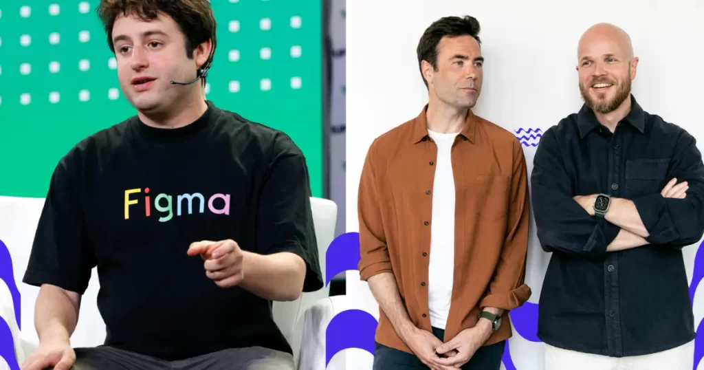 CEO do Figma à esquerda; founders da Framer à direita.